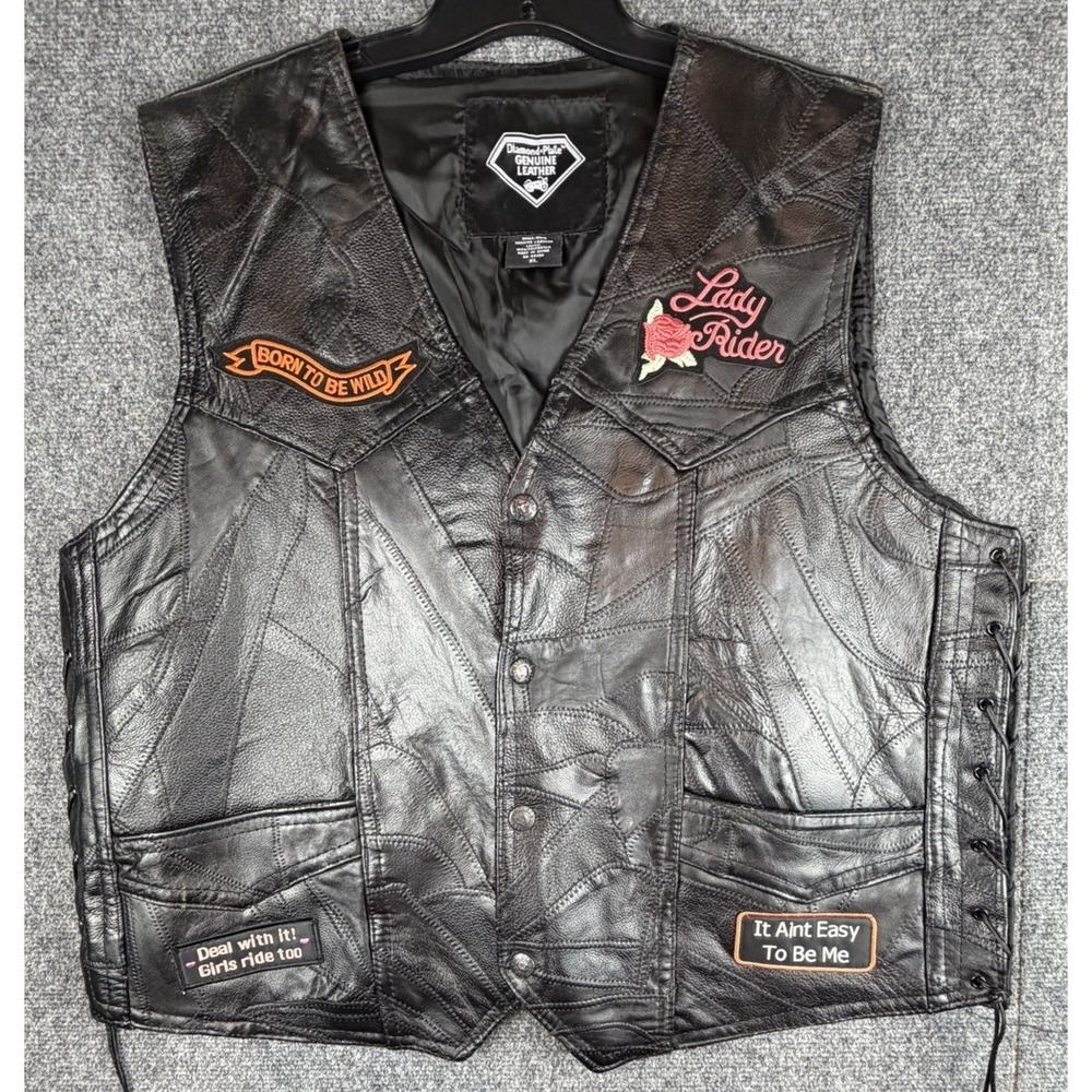 Vintage Diamond Plate Women's Black Genuine Leather Biker Vest XL‎ With Patches